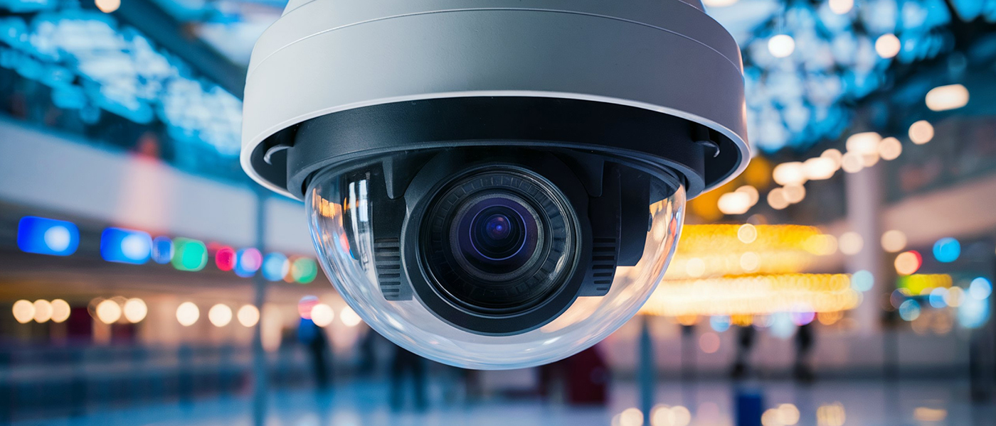 Dome security camera mounted in busy commercial space with blurred background professional security system installation services for businesses